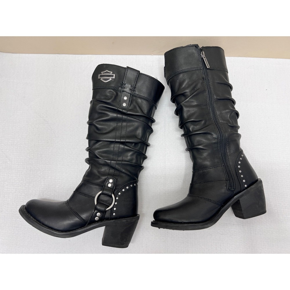 Harley Davidson Mid Calf Boots Womens 6.5 Black Excellent Leather Slouch Biker - Picture 2 of 15